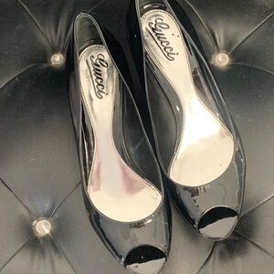 Gucci Glossy Black Peep Toe Heels